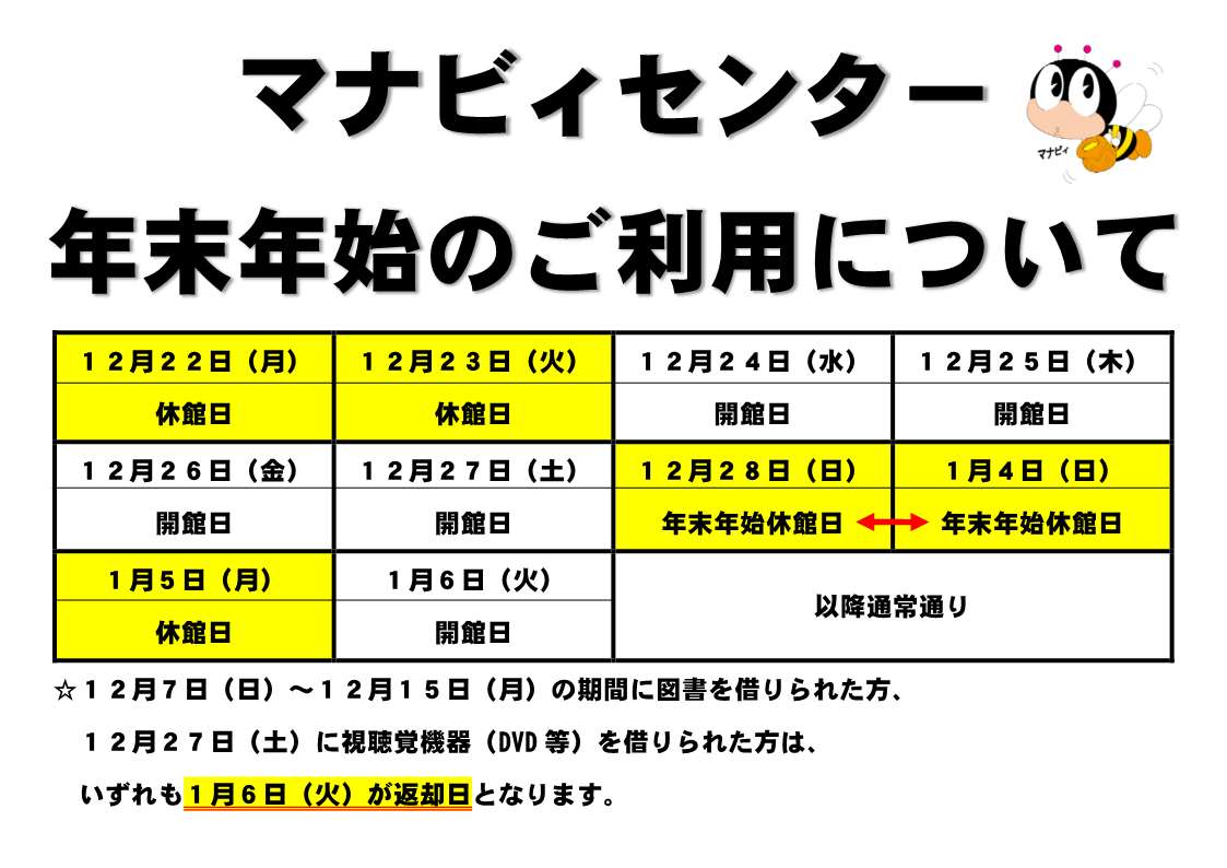 【添付画像】R7年末年始の開館日